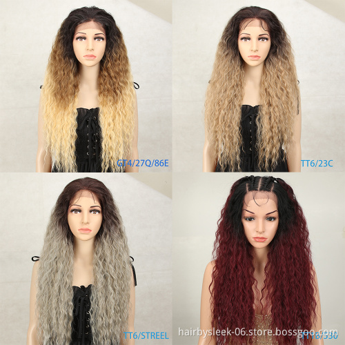 MAGIC  13X4  Noble Lace Front Wigs Wholesale Heat Resistant Water Wave With Bang Long Wigs Ombre Synthetic Lace Frontal Wigs